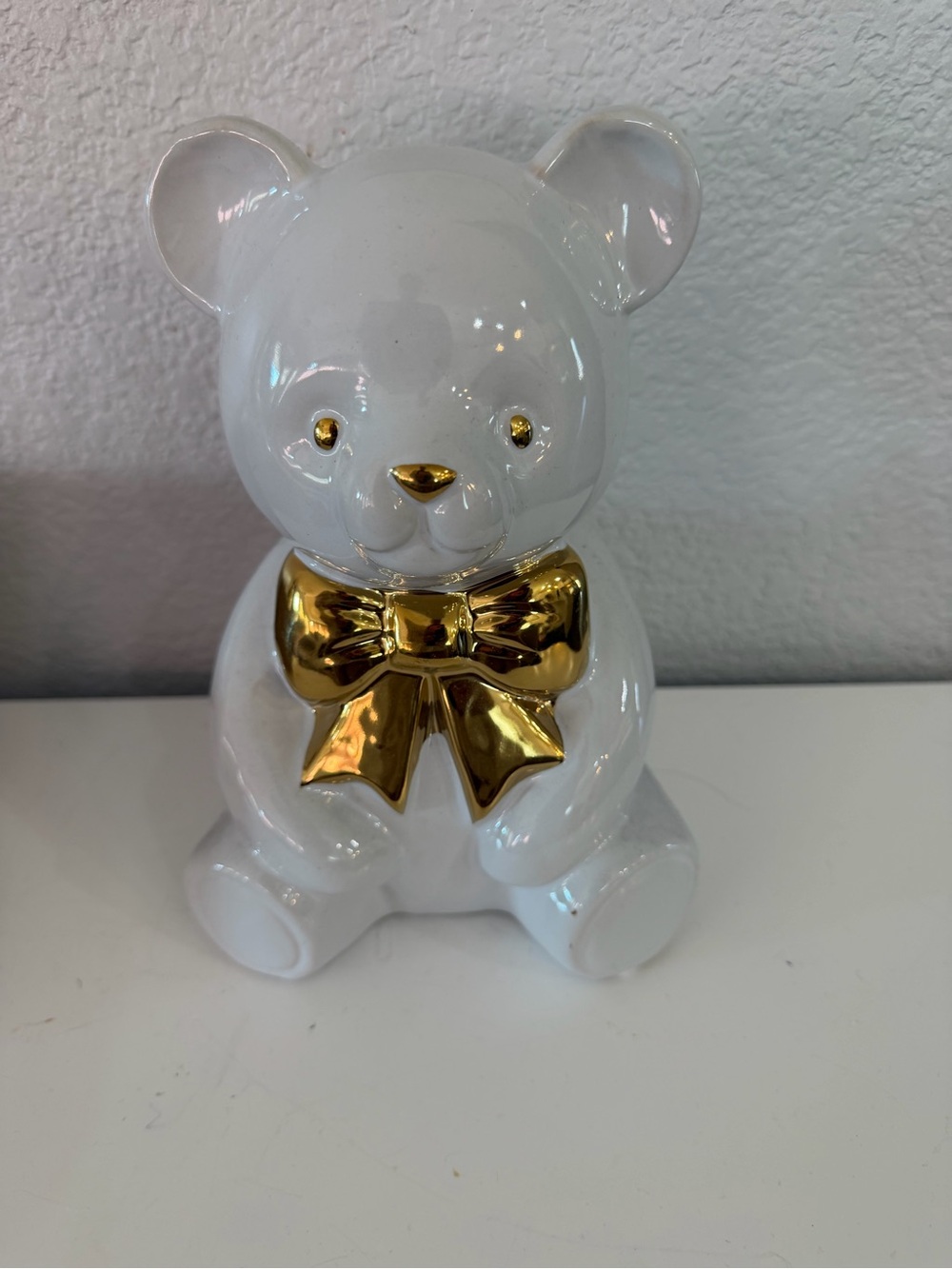 White Ceramic Bear Decor with Gold Bow Accent